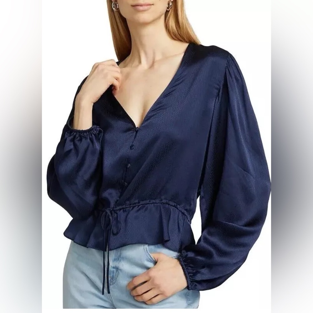 Frame Cinched V-Neck Blouse in Navy